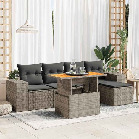 Ensemble Salon Jardin 6 Pièces Résine Tressée Gris, Table Réglable et Rangement, Coussins Lavables, Modulaire pour Terrasse et Jardin (1/5)