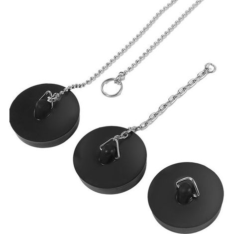 Juego de 3 tapones de goma para desagües con cadena de 40 cm, aptos para fregaderos, bañeras, cocinas y baños (45-47 mm, color negro) (1/5)
