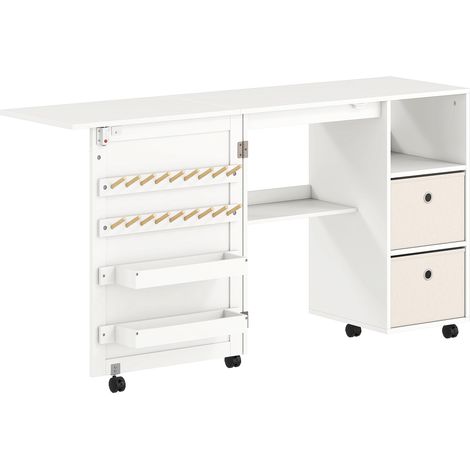 Table de couture pliante à 6 roues, 18 crochets, 2 tiroirs et 3 compartiments, blanche idéal pour salon, chambre à coucher ou bureau facile à assembler avec instructions incluses (1/5)