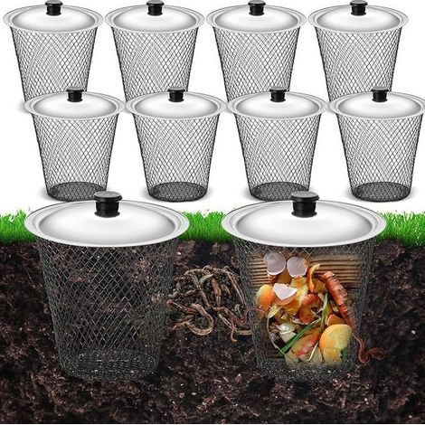 Bac à compost versable à enterrer avec couvercle, panier compost vers vers pour déchets de cuisine, kit 8 unités pour jardin potager (1/5)