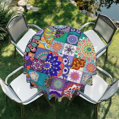Runde Tischdecke 152 cm, wasserdicht, abwaschbar, Mandala-Muster, für Innen & Außen