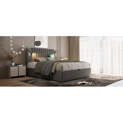 Polsterbett 180x200 cm mit Stauraum, Leselampe mit USB, Nietenkopfteil, Baumwolle Grau (1/5)