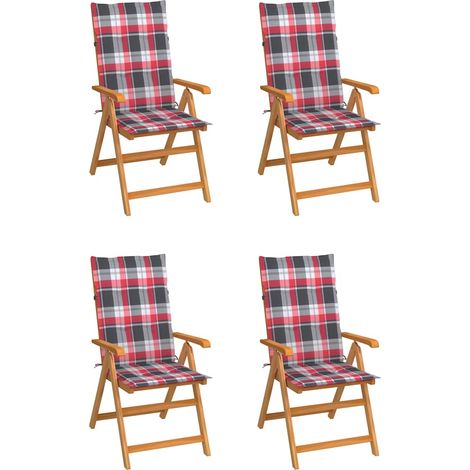 vidaXL Chaises pliantes, coussins à carreaux rouges, bois de teck massif (4 pièces). (1/5)