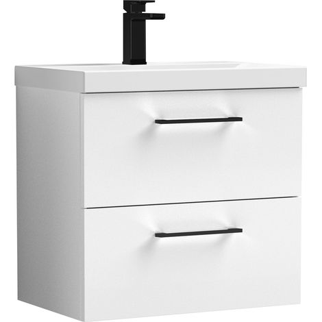 Balterley 600mm Wall Hung Bathroom 2 Drawer Vanity Unit and 1 Tap Hole Ceramic Basin, Gloss White with Black Handles