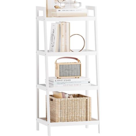 Bibliothèque échelle en Bambou, 4 Niveaux et 5 Niveaux Présentoir de Plantes autoportant Étagères économiseurs d’Espace pour Chambre, Cuisine, Balcon (Blanc, 4 Niveaux (99cm H)) (1/5)