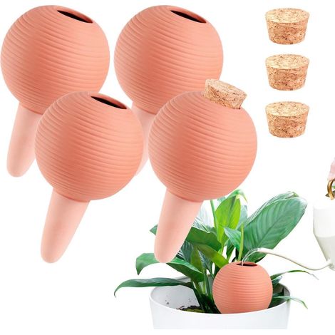 Piquets d'arrosage pour plantes, Globes d'arrosage automatique pour plantes, Alimentateurs en eau de 400 ml avec bouchons en liège pour plantes en pot, Lot de 4, Orange (1/5)