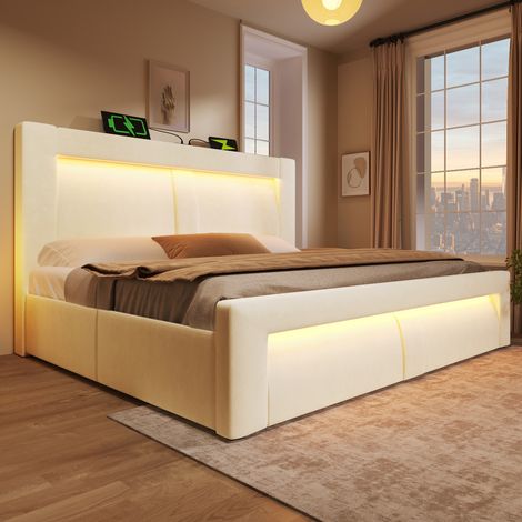 Cama matrimonio 180x200 cm con almacenaje hidráulico, LED, USB y Type-C, terciopelo beige (1/5)