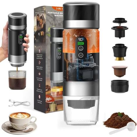 Machine à café portable 3 en 1 rechargeable, cafetière voyage 12V pour voiture, camping, bureau et maison, compatible capsules et café moulu (1/5)
