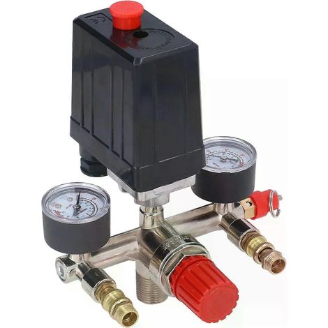 Druckschalter-Steuerungssatz für AC 90-120 PSI Luftkompressoren, bestehend aus einem Vertikalschalter, einem Druckregler, Manometern und einem Sicherheitsventil. (1/5)
