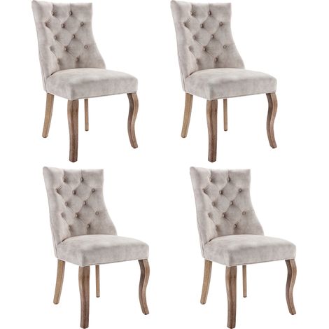 Lot de 4 chaises de salle à manger en velours, dossier capitonné, avec poignée métal, Velours, Beige clair (1/5)