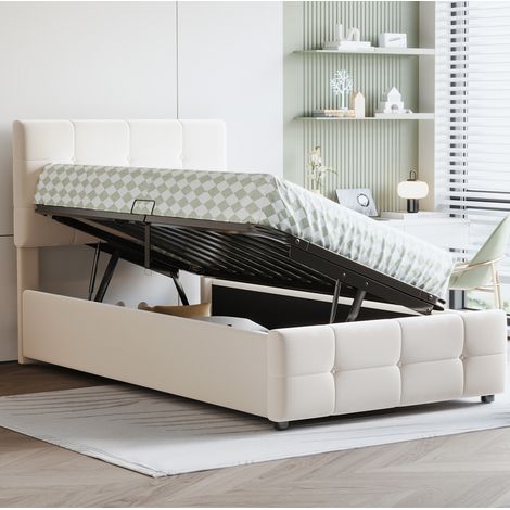 Letto imbottito per bambini 90x200 cm beige in velluto con contenitore idraulico e testiera regolabile (1/5)