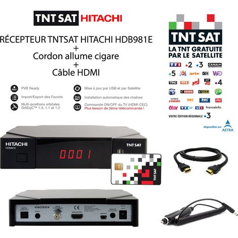 Récepteur TNTSAT HDB981E + Cordon Allume Cigare pour camping car + Câble HDMI – Carte TNTSAT incluse, PVR Ready, Mise à jour par USB et par Satellite