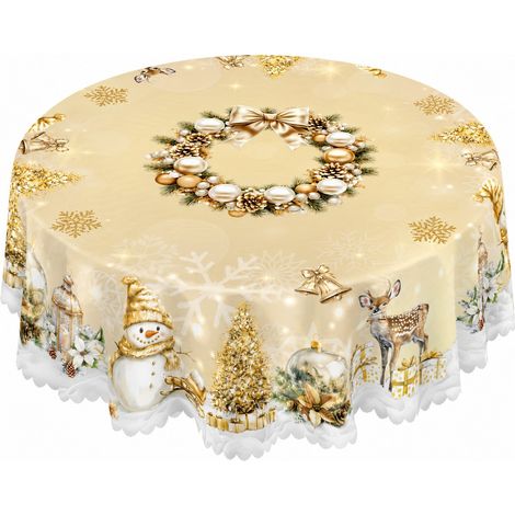 Nappe de Noël ronde 152 cm, en polyester, motif Père Noël, bonhomme de neige et sapin, décoration de table ronde 180 x 180 cm - Style 8 (1/2)