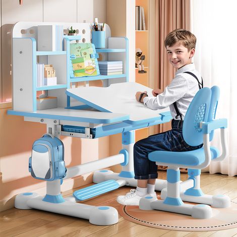 FLASIDU – Kinderschreibtisch- und Stuhlset, verstellbarer Tischwinkel, höhenverstellbar, Tisch bis 300 kg belastbar, ergonomischer Stuhl, 119 × 80 × 56 cm, blau