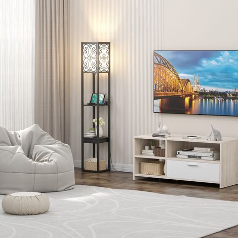 Lampadaire avec 3 Étagères et Tiroir 1 Prise de Courant et 2 ports USB pour Salon et Chambre Noir (1/3)