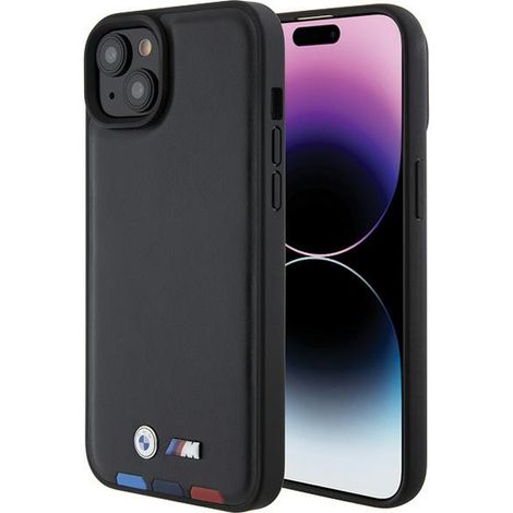 Étui iPhone 15 Plus en cuir noir tricolore BMW, estampillé BMW (1/5)