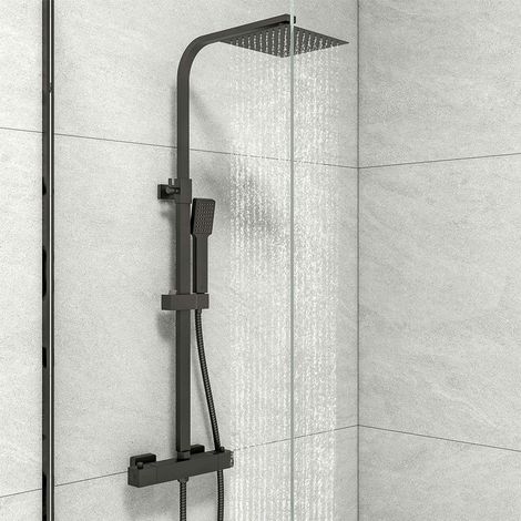 Colonna doccia termostatica nero con miscelatore 38 ° C, Set doccia regolabile in altezza 73-115cm,Sistema doccia a testa quadrato per bagno