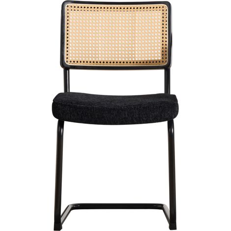 Chaise de salle à manger en rotin synthétique avec structure métal noire et coussin chenille gris foncé (1/5)