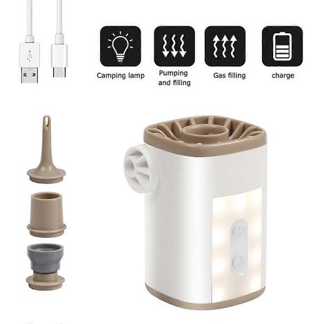 Petite pompe électrique portable avec lampe, idéale pour le camping et autres activités de plein air. Elle est légère et pratique pour gonfler les coussins gonflables et les jouets de natation. (1/5)