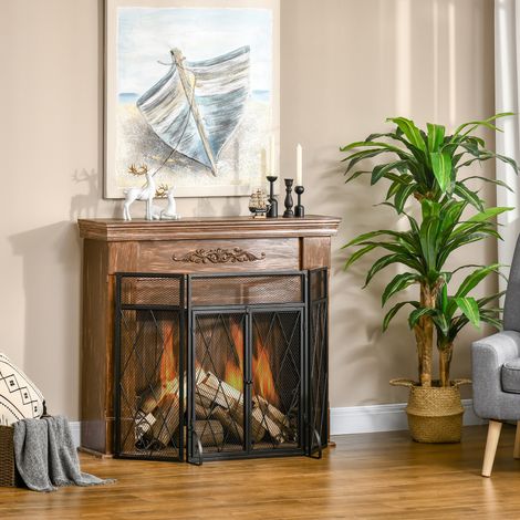 Grille de protection pour cheminée 120x79 cm, pare-feu pour poêle, barrière sécurité, métal noir, 3 volets pliables avec porte (1/5)