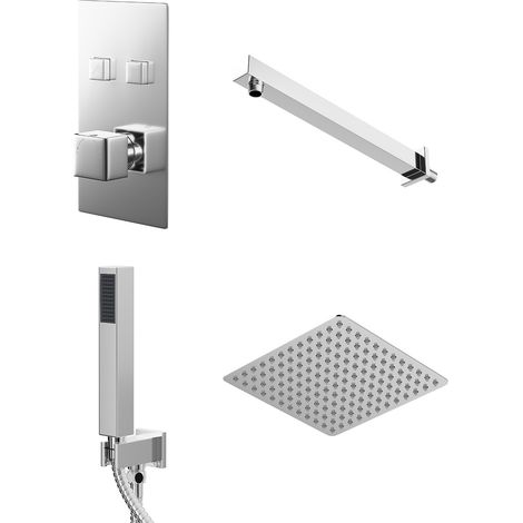 Wholesale Domestic Cubix Polished Chrome Concealed Push Button Twin Thermostatic Shower Valve Including Square Fixed Shower Head and Square Handset Outlet Holder with Kit - 2 Outlet (1/5)