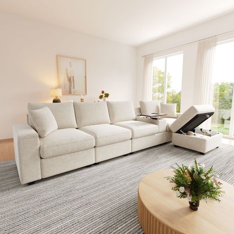 Canapé d’angle modulable multifonction 5-6 places beige en chenille, ports USB et Type-C, rangements, porte-gobelets et table rotative 360°, 313 cm (1/5)