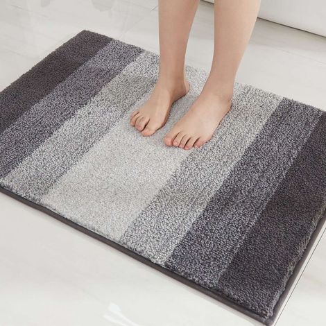 Tapis de bain antidérapant gris/noir, 40 x 60 cm, en microfibre douce à rayures, absorbant. (1/2)