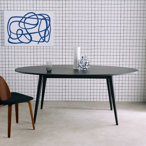 Table à manger ovale bois d'hévéa et placage chêne 6 places noir - L 190 x l 100 x H 75 cm - Diane