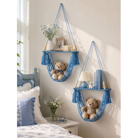 (M03567-2pc) Étagère murale bohème en macramé avec panier en filet, étagère flottante en bois pour la décoration de la maison, de la chambre au salon, et le rangement de la cuisine. Idée cadeau. (1/5)