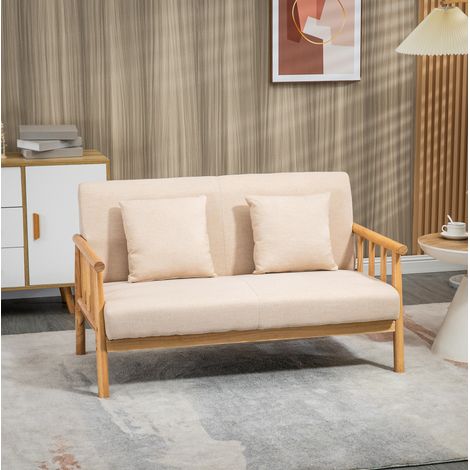 Canapé 2 places beige en tissu, cadre en bois, 123 cm, 2 coussins lombaires et assise rembourrée pour petits espaces et salon cosy  CHICFURN (1/5)