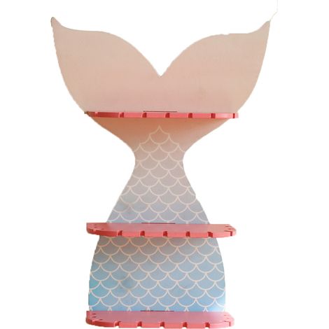 Étagère murale à trois niveaux Une étagère en bois à trois niveaux en forme de queue de sirène utilisée pour le rangement et la présentation d'objets (1/5)