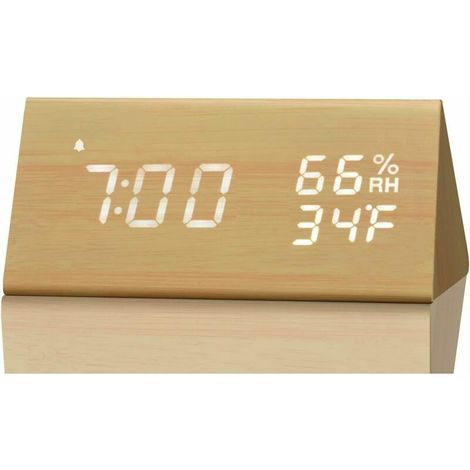 Sveglia digitale con display elettronico a LED in legno, 3 impostazioni di allarme, rilevamento di umidità e temperatura, orologi elettrici in legno per camera da letto, comodino e altro (giallo)