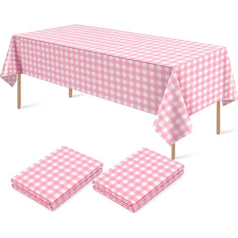 Lot de 2 nappes de fête à carreaux vichy roses et blancs – Nappes en plastique jetables, rectangulaires (137 x 274 cm) en PEVA (1/5)