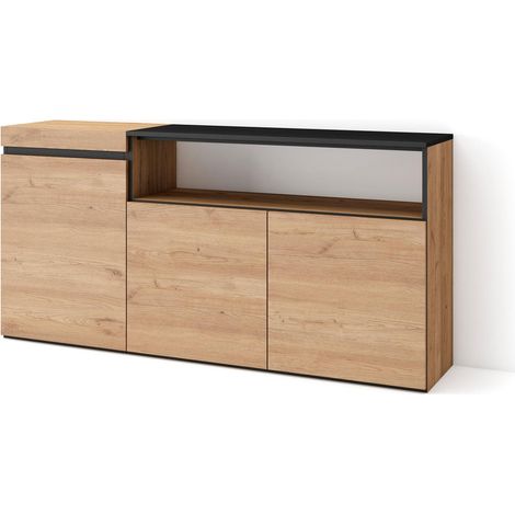 Skraut Home - Credenza, Mobile, Cucina, Madia, mobile ingresso, 150x75x35cm, 3 Porte, grande stoccaggio, Stile moderno, Rovere e nero (1/5)