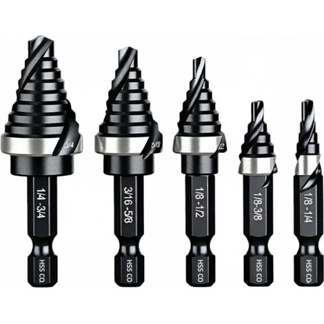 Coffret de 5 forets étagés à spirale fluide, en acier rapide, de taille unique, adaptés aux métaux, à l'aluminium, à l'acier, au bois (1/4)