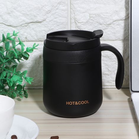 Doppelwandiger, vakuumisolierter Edelstahl-Kaffeebecher mit Henkel für Zuhause und Büro, Schwarz, 350 ml (1/5)