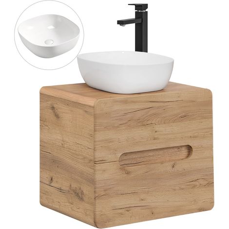 Waschtisch 60 cm Wotan Eiche Nb. LUTON-56-CRAFT Keramik-Aufsatzbecken B/H/T 60/68/46 cm (1/5)