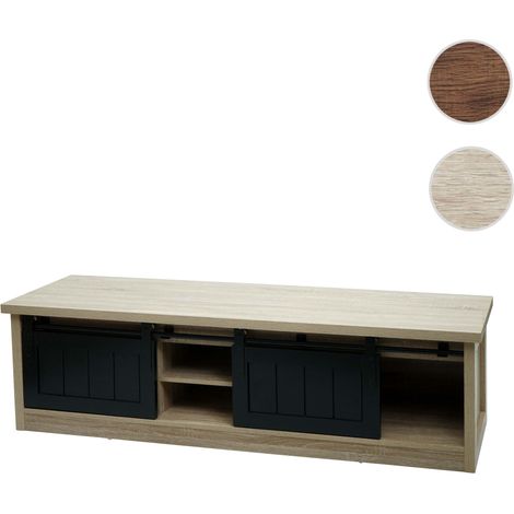 Rack TV HWC-K75 - Table TV - portes coulissantes - compartiments de rangement - aspect bois métal industriel 43x150x40cm - brun (1/5)