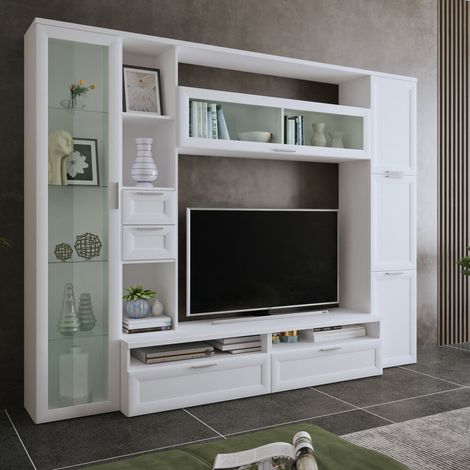 Wohnwand Carenno, modulares Wohnzimmerregal, 4 Schubladen, 8 Ablagen, Weiß (1/5)