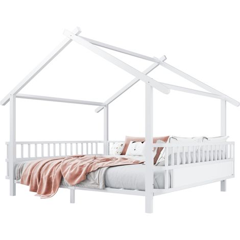 Lit enfant en métal en forme de maison 140 x 200 cm avec barrières de sécurité, toit décoratif et cadre ludique pour chambre garçon fille  CHICFURN (1/5)