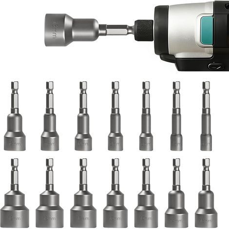 14 Pcs Douilles Hexagonales Magnétiques, 6-19 mm Embout Visseuse Aimanté, clés pour forets et douilles (1/4)
