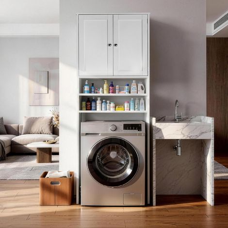 Armoire toilette blanc 64.6x26x190cm, 2 portes, 2 étagères (1/5)