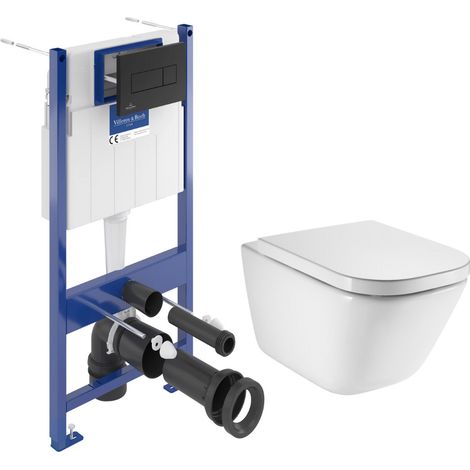 Set WC con telaio di supporto a pavimento e a parete + WC sospeso senza anello Roca con sedile SoftClose + placca (VBROGAWR03-IN