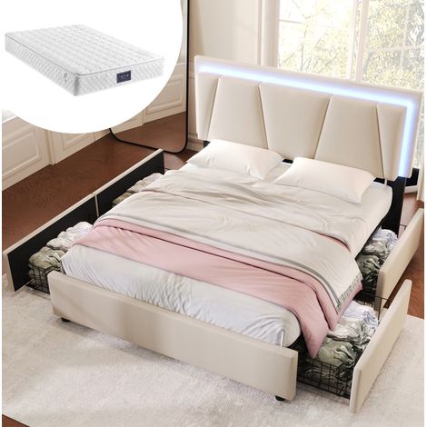 FLORAGRACE Letto matrimoniale 160x200 cm in legno beige con LED, 4 cassetti, testiera regolabile e materasso (1/5)