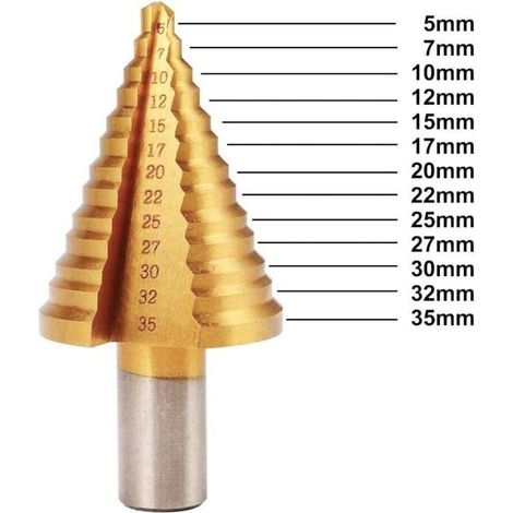 Foret Étagé HSS, Foret Fraise Meche Etage Forets Étagés Spirale Groove avec Revêtement en Titane pour Bois Acier Inoxydable Tôle(Tige ronde, 13 mm)