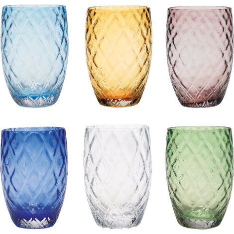 Lot de 6 Verres Tumbler Losanghe en Verre Soufflé à la Bouche Couleurs Assorties Design Moderne avec Travail en Relief Artisanal Élégant et Résistant