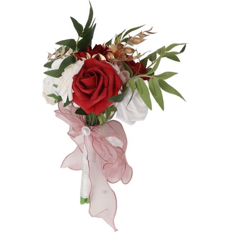 Bouquet de mariée en soie et plastique, réaliste et romantique, idéal pour la Saint-Valentin, une fête ou une église. Couleurs bordeaux et blanc. (1/5)