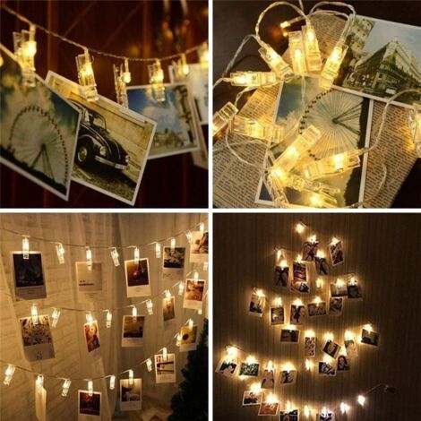 20 LED Photo Clips Guirlandes lumineuses aveCôtélécommande, Fairy String Twinkles Lights pour la décoration de fête de mariage de Noël, photos suspendues, cartes (Blanc chaud)- (1/5)