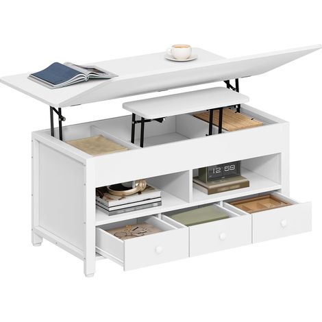 Table Basse, Table de Salon Relevable, avec 3 Tiroirs et Rangement et Compartiment Caché, 50 × 100 × 47 cm, Convertible en Tables à Manger, pour Salon, Bureau, Blanc (1/5)