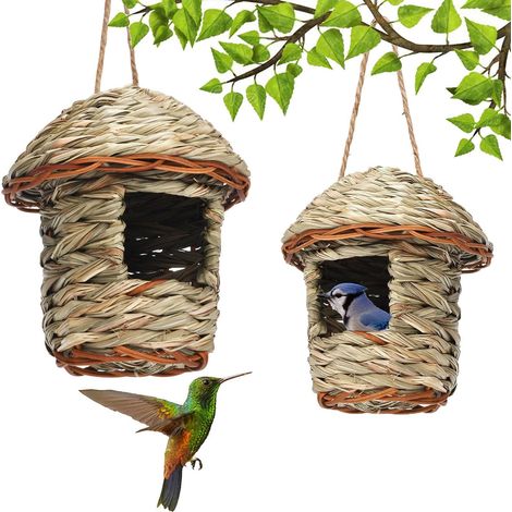 Nido Para Pájaros - Hecho A Mano Con Hierba De Hibisco - Diseño Con Techo Protector - Resistente A La Intemperie - Para Pájaros Pequeños - 2 Unidades (1/5)